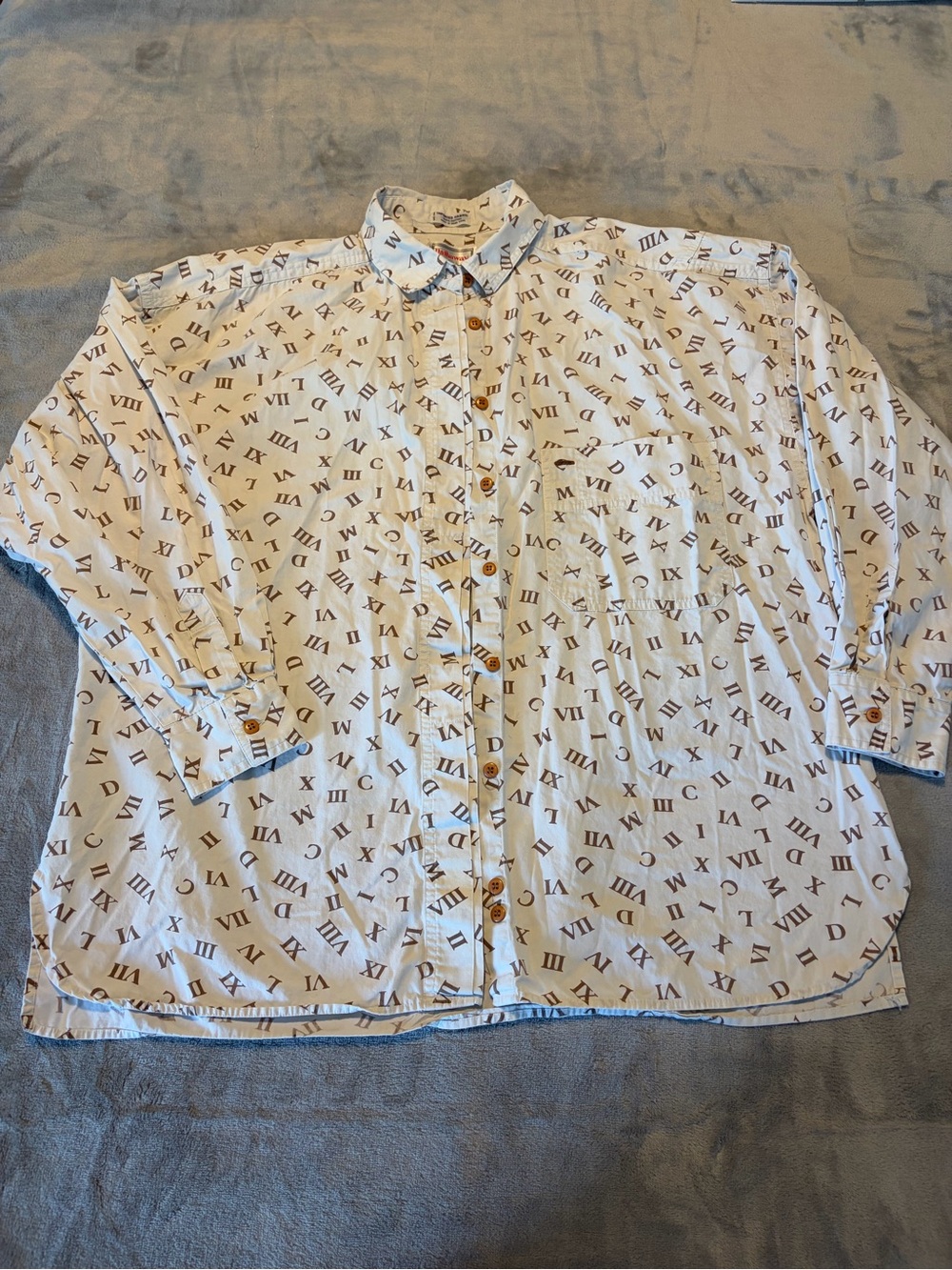 Ladies Button-Up Shirt with Roman Numeral Print - Cream/Brown